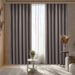 Draperie de Velur Raiat Sonil Blackout 100% Gri Pamantiu L5.60m /H2.77m cu Capse Auriu Antic