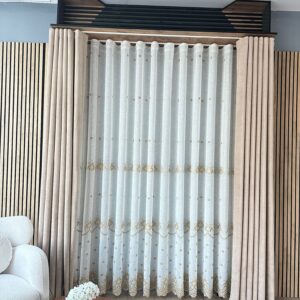 Perdea Din In cu Broderie Alb/Auriu  L4.90m/H2.55m cu Rejansa de Wave