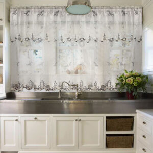 Material de Perdea pentru Bucatarie cu Model Brodat Ivory/ Maro