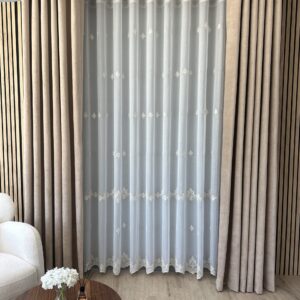 Perdea din In  cu Broderie Fina Crem /Auriu25PR041