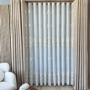 Perdea din In  cu Broderie Fina Crem /Auriu 24311