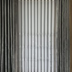 Perdea din In  cu Broderie Eleganta Maria Alba /Gri L5m/H2.60m cu Rejansa Wave