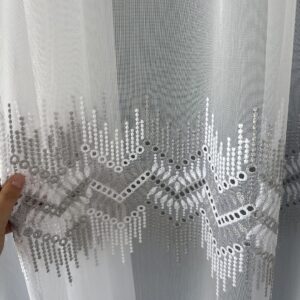 Perdea Bambus Brodat Model Geometric – Gri