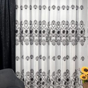 Perdea In cu Broderie Maya cu Flori Negre L4m /H2m cu Rejansa de 6 cm