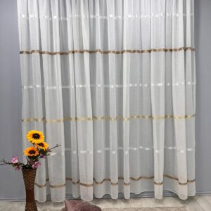 Perdea Alba cu Textura Groasa cu Dunga Bej/Maro